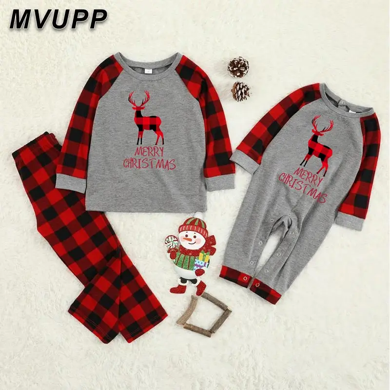 Deer print family christmas pajamas plaid father mother son daughter cartoon baby kids set sleepwear outfits adult and children |