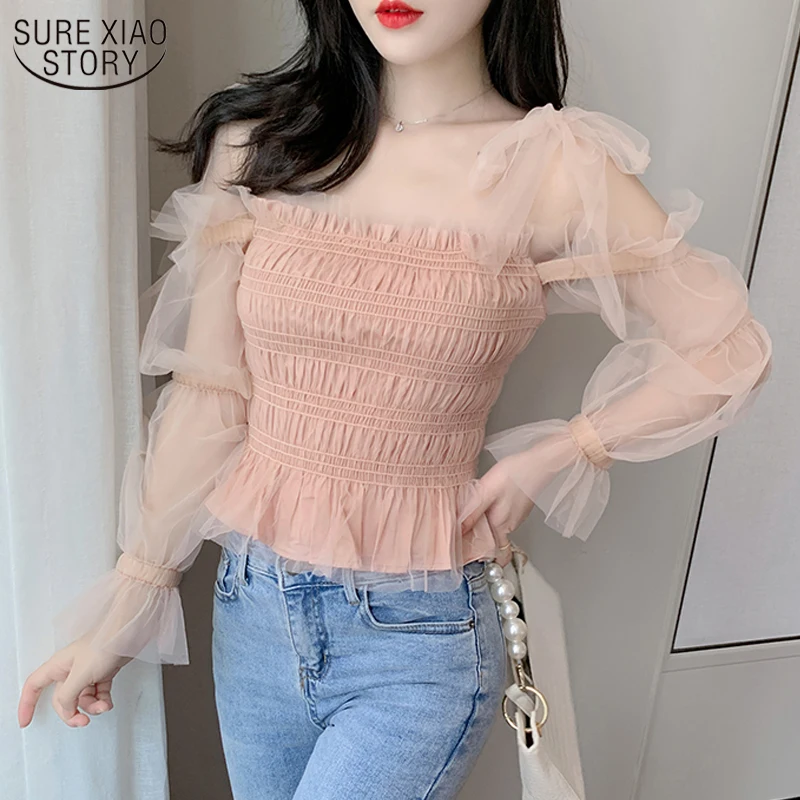 

Топ женский сетчатый с открытыми плечами, осень 2021, модная шифоновая блузка