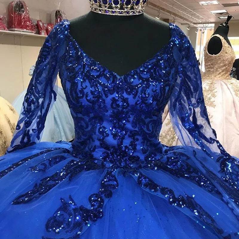 Royal Blue Sequins Quinceanera Dresses Long Sleeves Corset lace-up Sequined Ball Gown Sweet 16 Dress vestidos de xv años | Свадьбы и