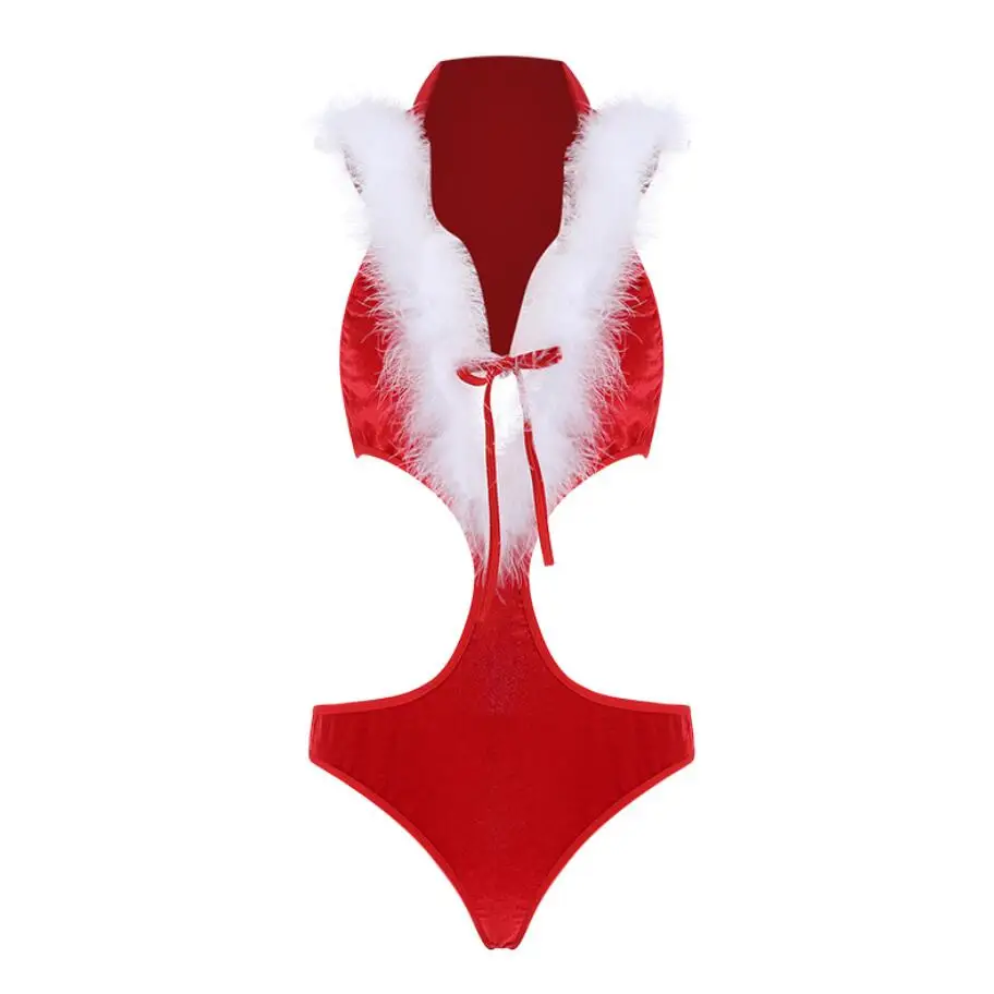 Боди женское с капюшоном эротический сексуальный красный бархатный глубоким