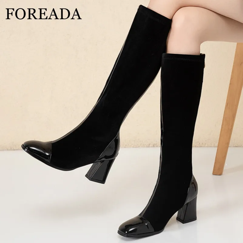 Женские высокие сапоги на молнии FOREADA черные до колена квадратном каблуке