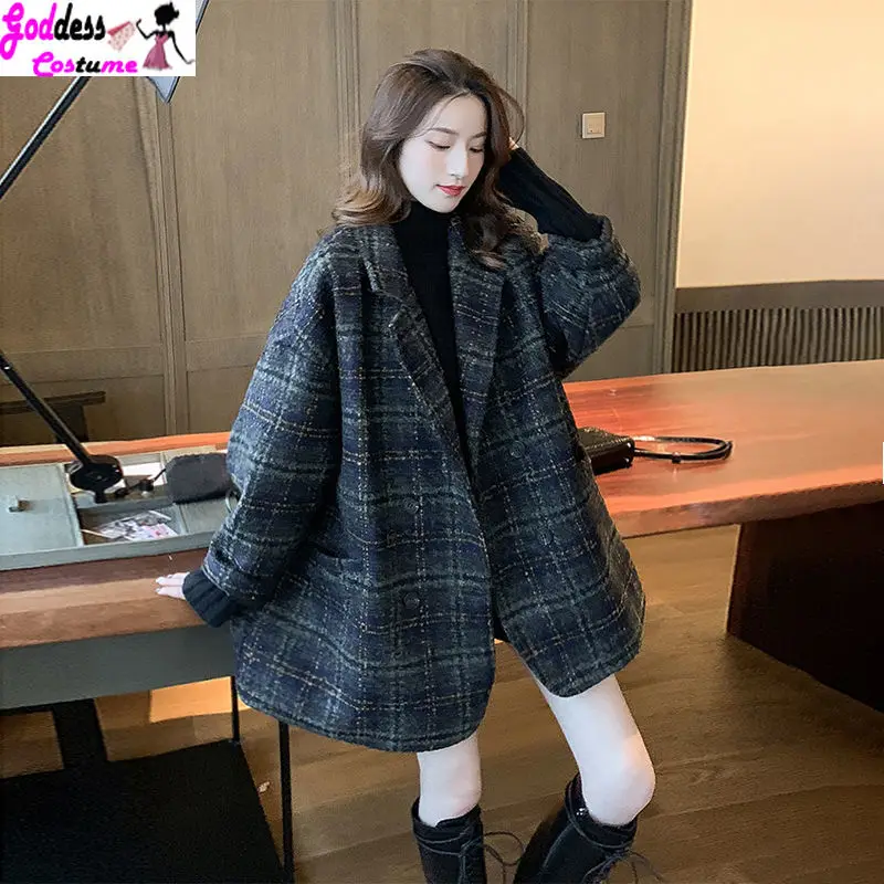 

Elegant Woolen Plaid Jacket Female Korean Style School Long Section Ladies Coat Women Winter Warm Leisure Loose Outwear