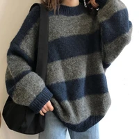 woherb women oversized thin sweater vintage striped loose pullover streetwear autumn knitted jumper femme 2021 sueter mujer