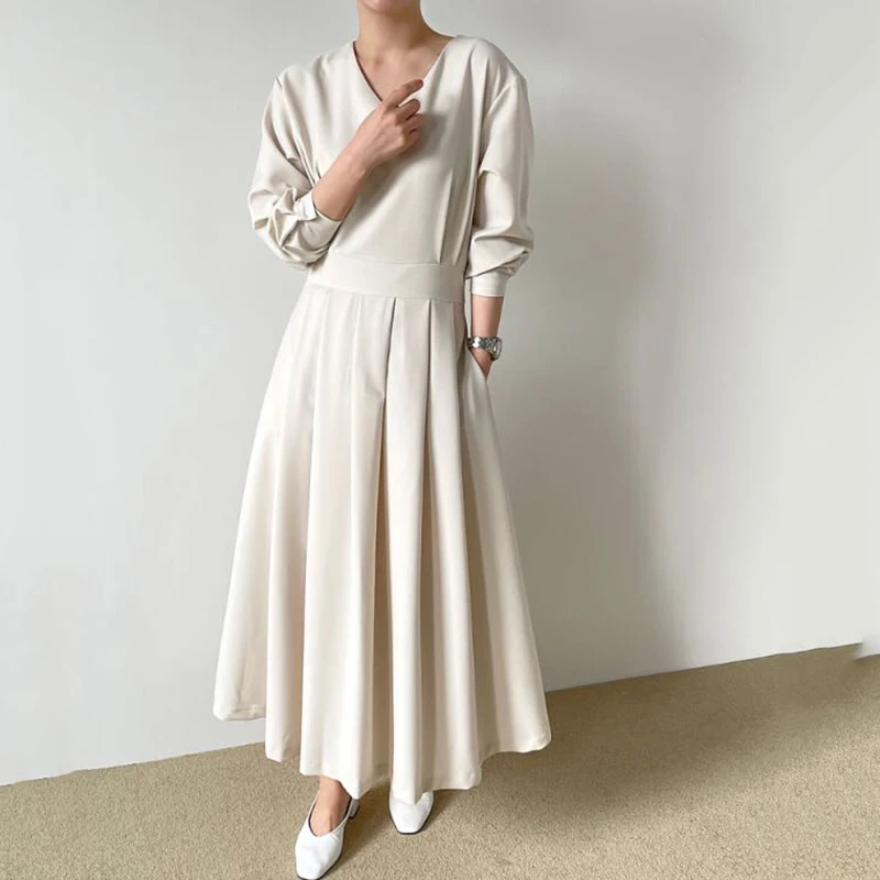 

Женское Плиссированное длинное платье, приталенное свободное платье до бедра с V-образным вырезом и длинными пышными рукавами, весна-осень ...