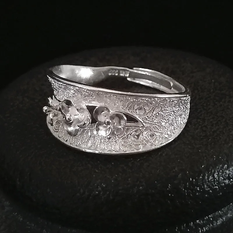 

Bastiee 999 Sterling Silver Rings For Women Vintage Flower Ring Adjustable Finger Luxury Jewelry Miao Handmade Ethnic for Lady