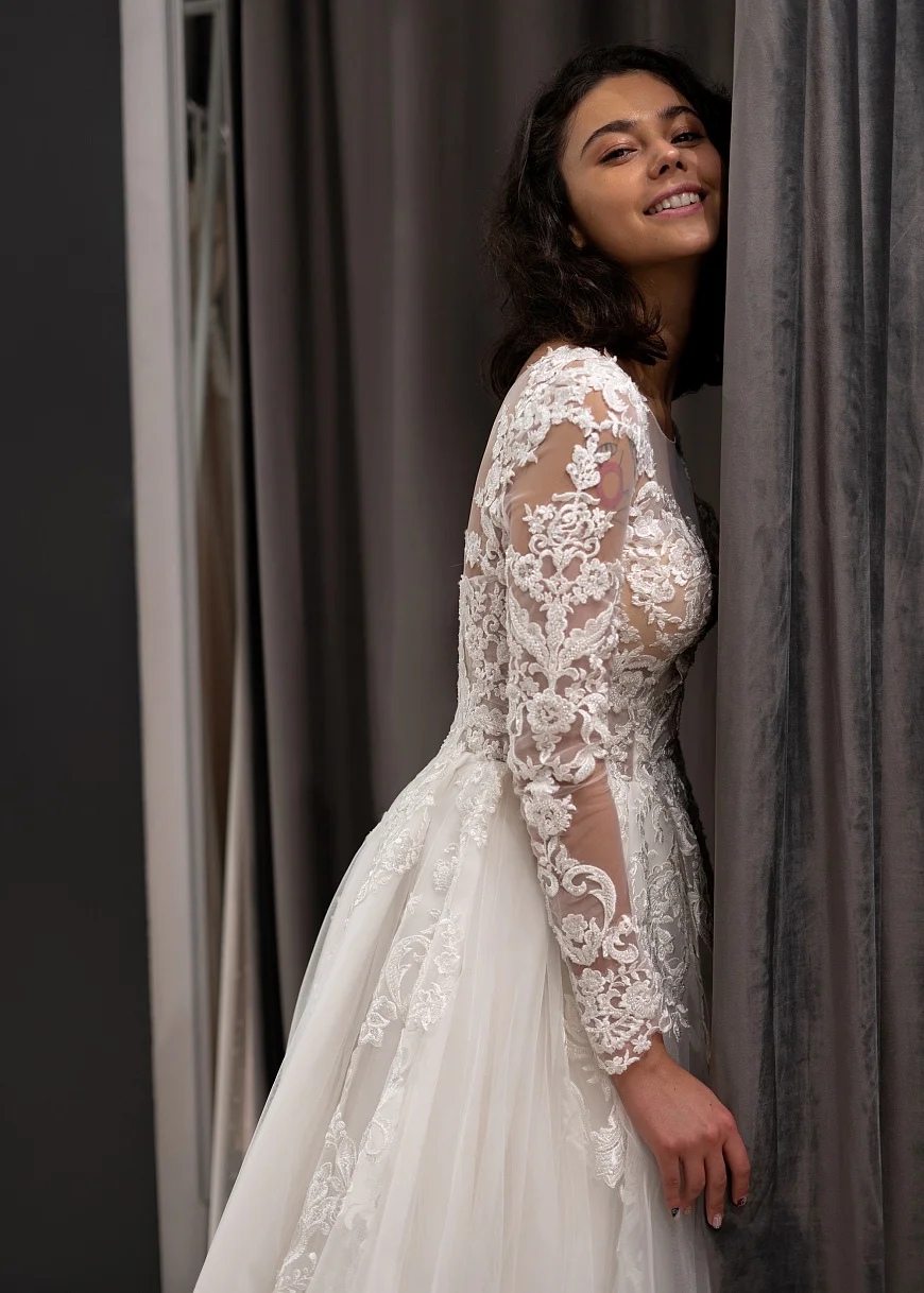 Белое/цвета слоновой кости свадебное платье vestido de noiva с длинными рукавами глубокой круглой декольте апплике Тюль А-силуэта Свадебные платья robe de mariee