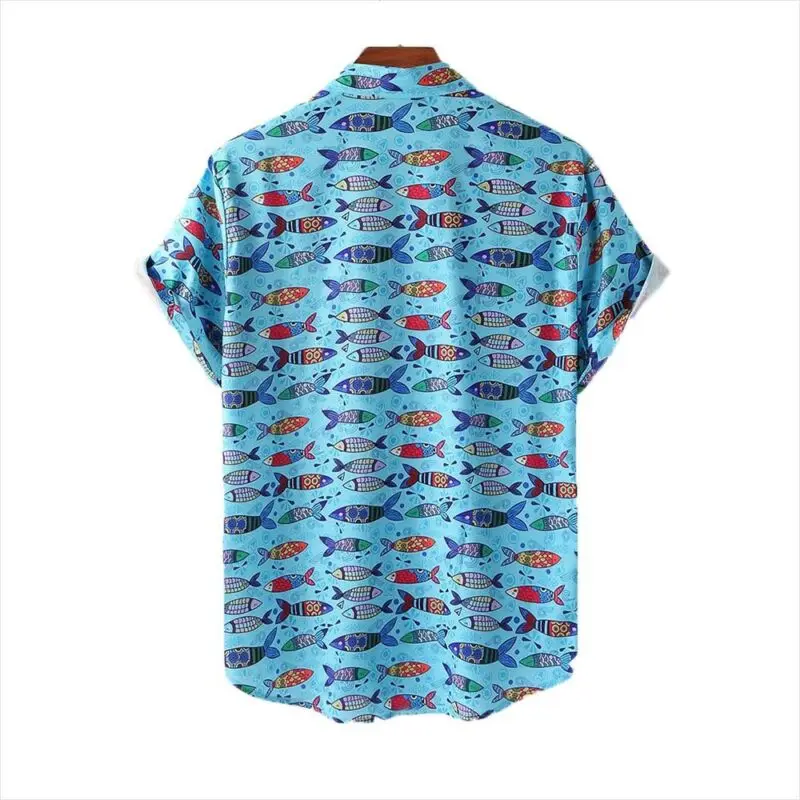 

Mens Short Sleeve Fish Printed Shirts Hawaiian Palm Check Summer Casual Fit Tops