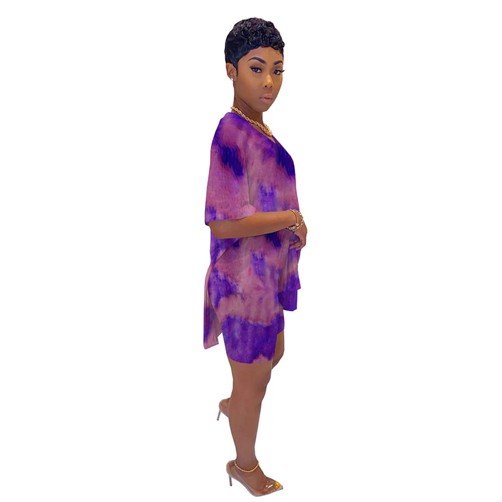 

Colorful Tie Dye Print Casual Women 2 Piece Outfits Deep V Neck Short Sleeve Loose T Shirt Top and Biker Short Lounge Wear Suits