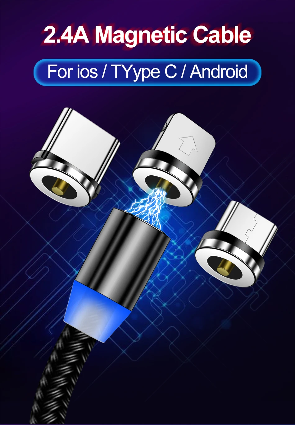 Магнитный usb-кабель Tisluo/Micro USB/type-C для iPhone X Xs Max светодиодный 1 м магнитное зарядное устройство для samsung s10 Xiaomi Pocophone USB C