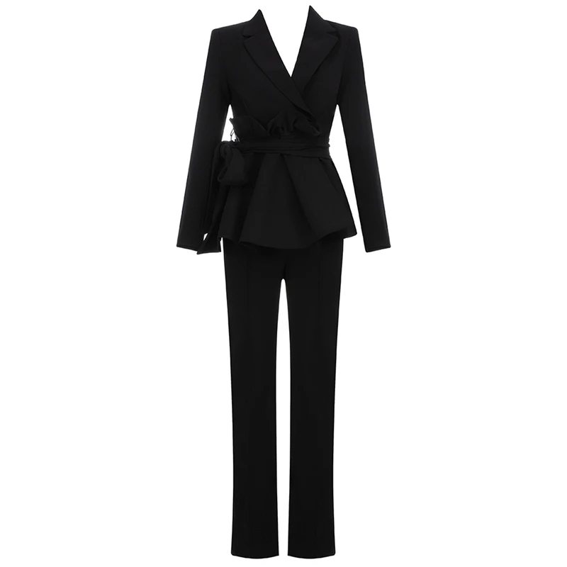 INDRESSME Full Sleeve Turn Down Collar Lace Up Bow Ruffled Hem Bodycon Women Pants Fashion 2 Piece Sets 2020 New Arrival |