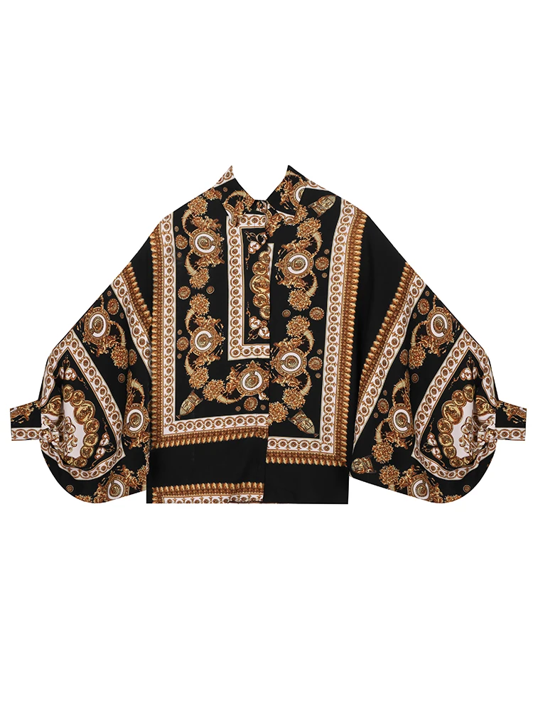 Женская рубашка свободного кроя с рукавом летучая мышь и принтом под старину