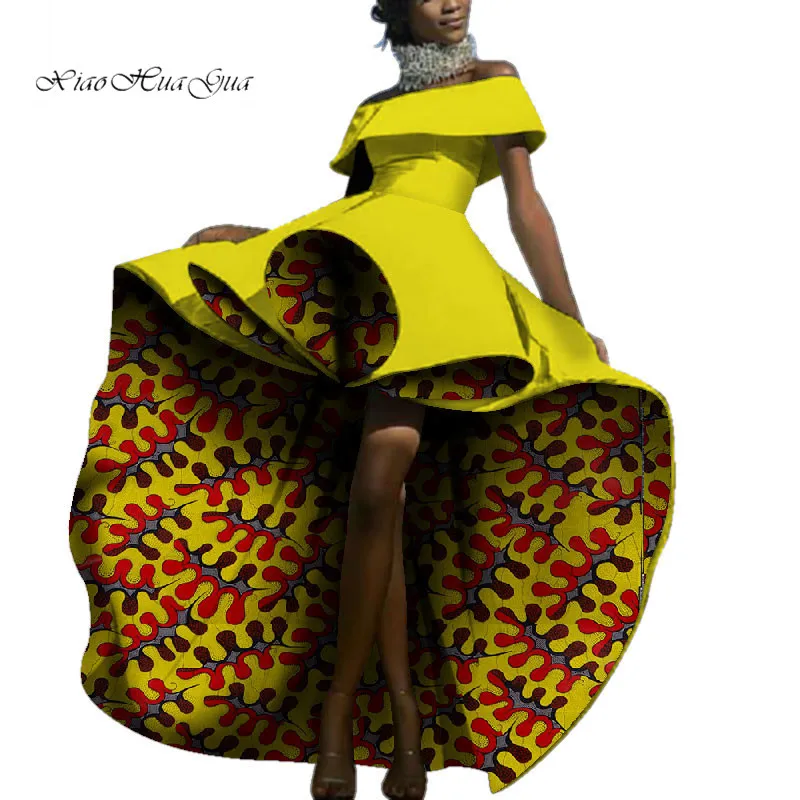 2020 New African Clothes Women Bazin Riche Party Sexy Dresses African Lady Fashion Printed Slash Neck Wedding Clothing WY4439