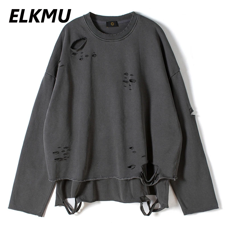 

ELKMU Vintage Streetwear Hole Sweatshirt Men Fashion 2021 Autumn Pullover Solid Color Harajuku Cotton Tops Casual Loose HM561