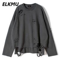 elkmu vintage streetwear hole sweatshirt men fashion 2021 autumn pullover solid color harajuku cotton tops casual loose hm561