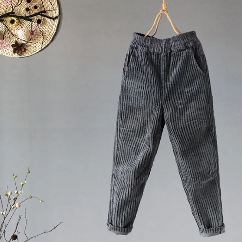 Женские вельветовые шаровары винтажные повседневные теплые с эластичным поясом