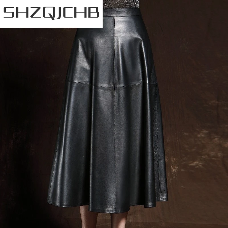 

JCHB 2021 Elegant Ladies Vintage Ball Gown Mid Calf Long Skirt Sheepskin Genuine Leather Skirts New Women High Waist Pleated Sk