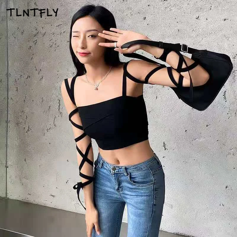 

Sexy Camisole Summer Tops For Women 2021 Corset Solid Color Umbilical Bandage Tangled Hands Perspective Outfit Goblin Nightclub