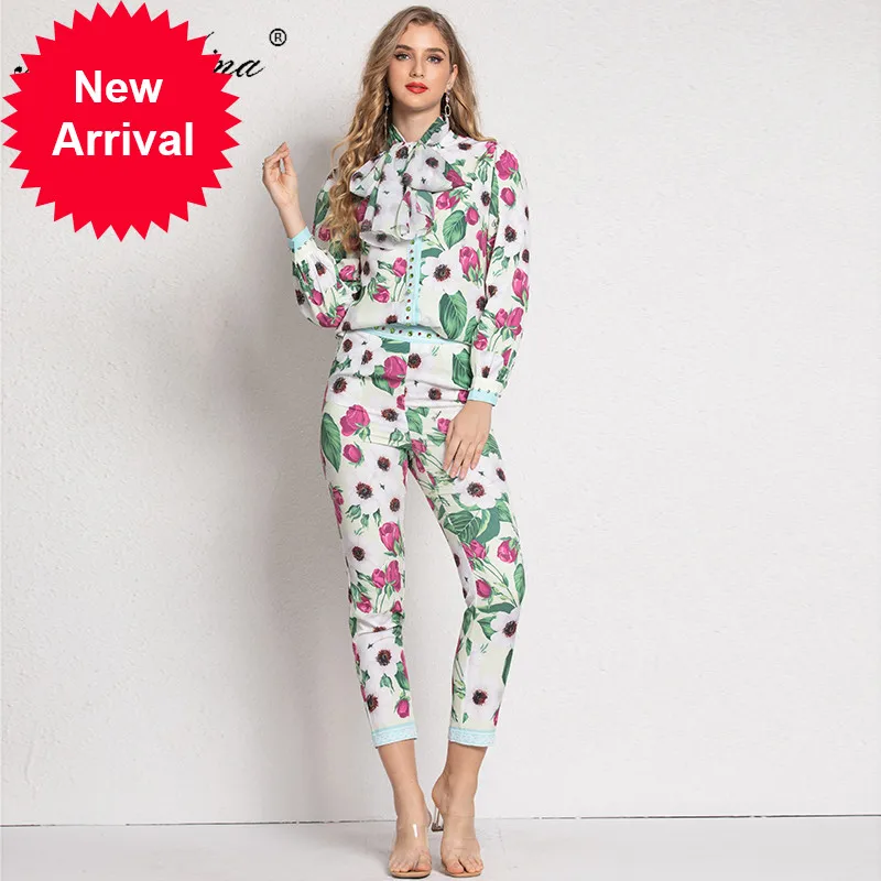 Fashion Set Spring Summer Women's Long sleeve Floral Print Blouses Tops+3/4 pencil pants Vacation Two-piece set
