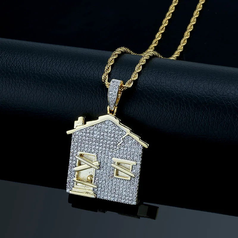 Micro Paved AAA + кубический цирконий Iced Out двухцветный Bling House подвески ожерелье для