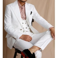 white groom tuxedo for wedding 3 piece slim fit men with peaked lapel casual male fashion clothes set jacket vest pant