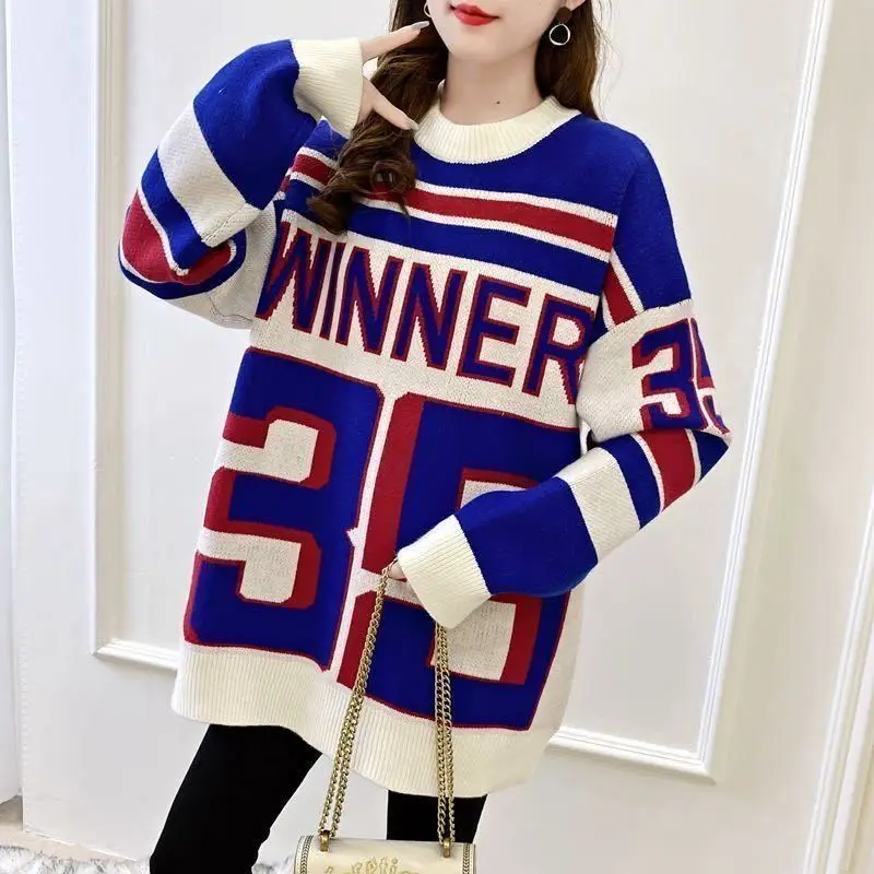 

Large women's digital medium length crew neck Pullover 2020 spring and winter new loose and versatile T-Shirt Top