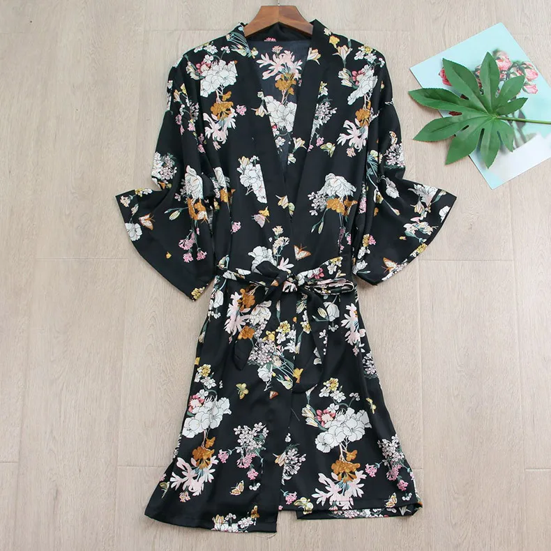 

2020 Summer New Print Flower Faux Silk Robe Sexy Women Bathrobe Lingerie Kimono Sleepwear Nightdress Nightwear Home Clothes