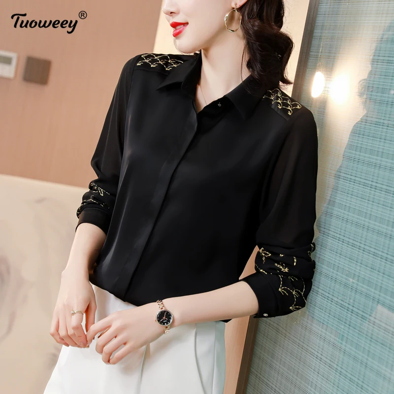 

plus size Office black Women Blouse Tops Casual Spring Long Sleeve blue Blouses Elegant chiffon Blusa Female OL Work Shirt