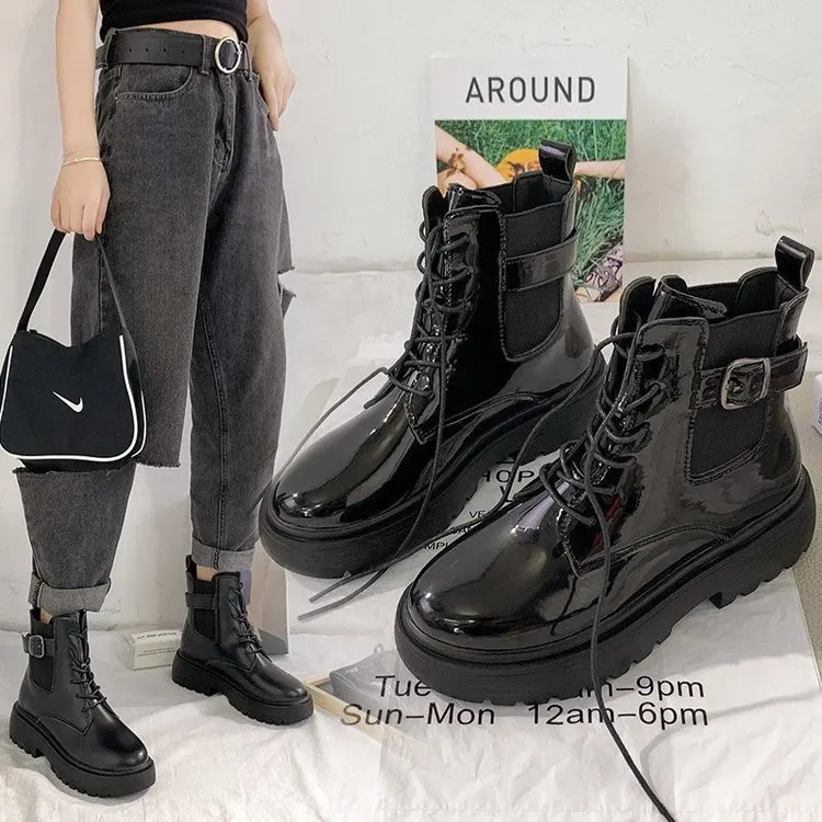 

HOKSZVY 2021 Autumn And Winter New Thick-soled Boots Fashion British Style Black Short Boots Casual Lace-up Ankle Boots HYGC