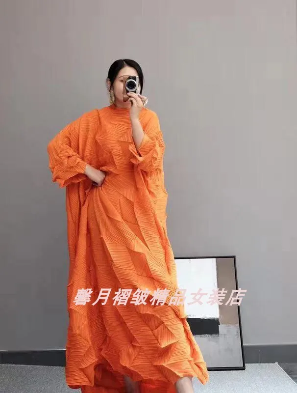Горячая Miyake модное платье со складками со стразами, однотонное Свободное длинное платье со стоячим воротником