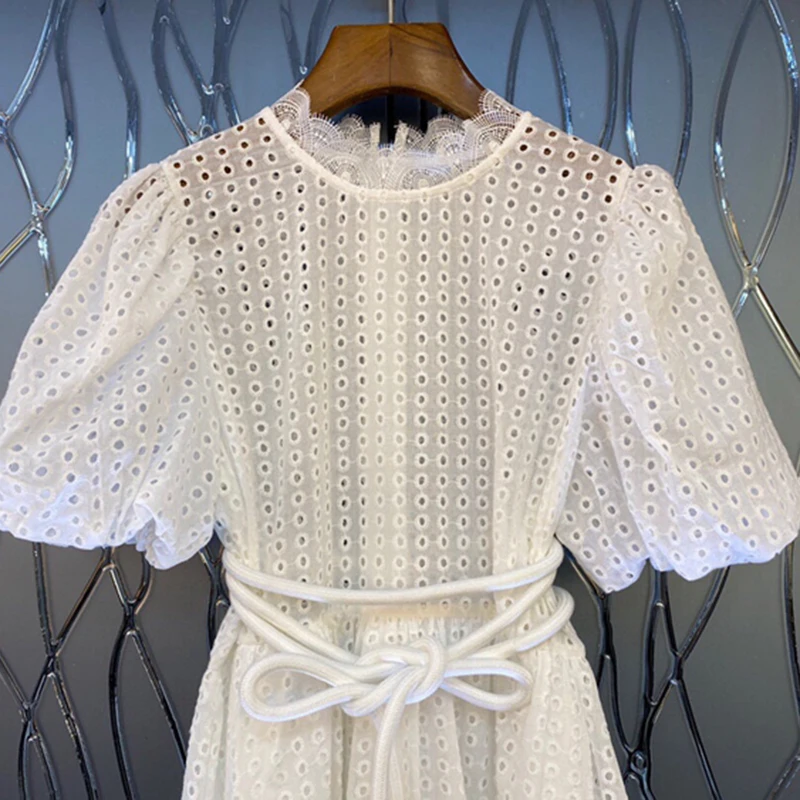 

SISPELL Puff Short Sleeve Dress For Female Stand Collar High Waist Slimming Lace Up Bowknot Hollow Out Women's Dress Spring Tide