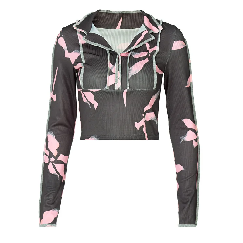 

Fashion Casual Women's T-shirts Print Long Sleeve Slim Turn-down Neck Tees Robbed Cascading Ruffes T Shirts Wome Spring 2021 New