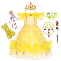 beauty and the beast belle princess dresses for girls elegant short sleeve lace mesh prom gown kids party fancy clothing