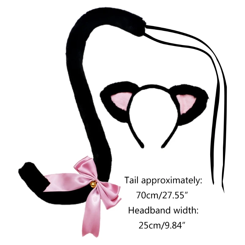 

Women Girls Lovely Anime Cat Ears Plush Headband with Bowknot Bell Furry Animal Long Tail Set Cosplay Party Props