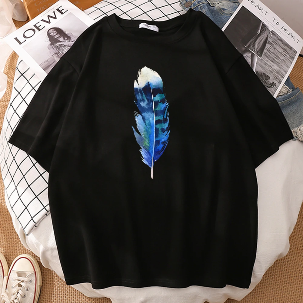 

Blue Feather Printing Men T Shirts Creativity Oversize T Shirt Simplicity Crewneck T Shirts Fashion Breathable Mens Clothing