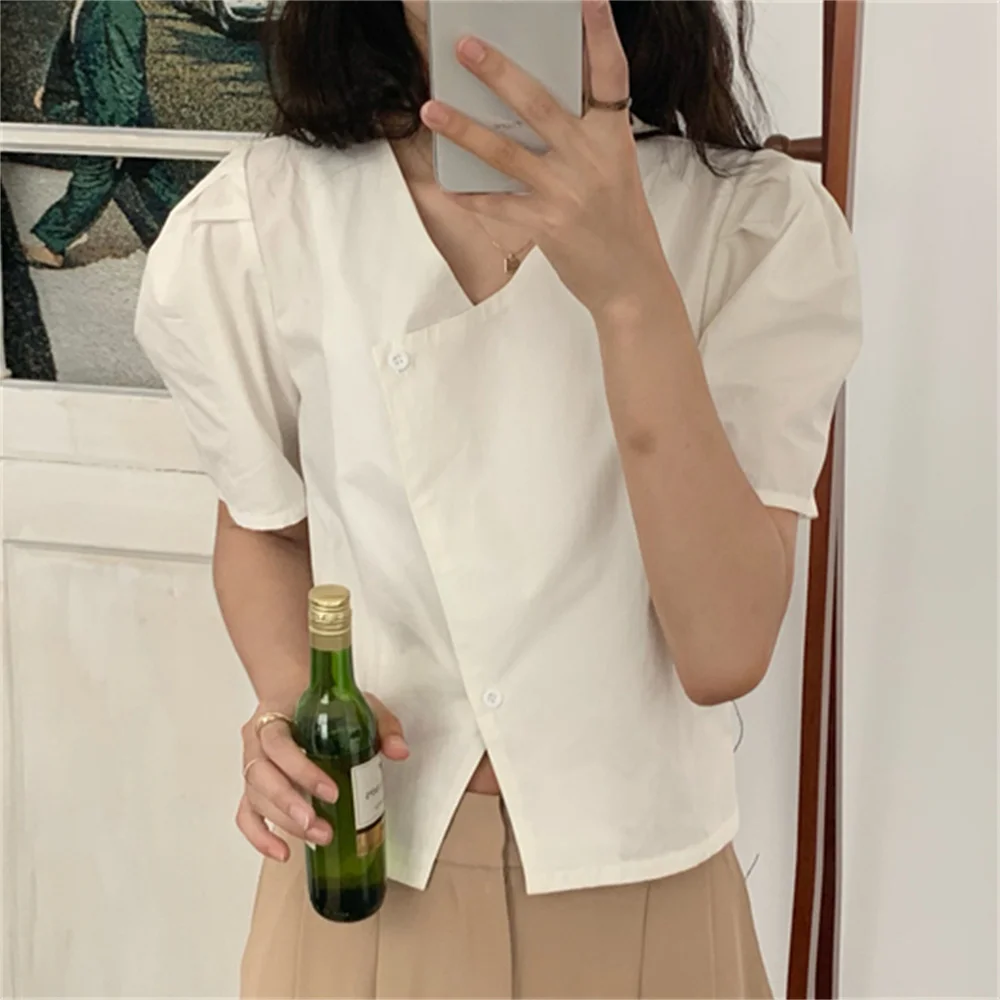 

Alien Kitty White Elegant Blouses Summer Unicolor Oblique Buckle Office Lady Short Sleeve New Shirts All Match Streetwear Hot
