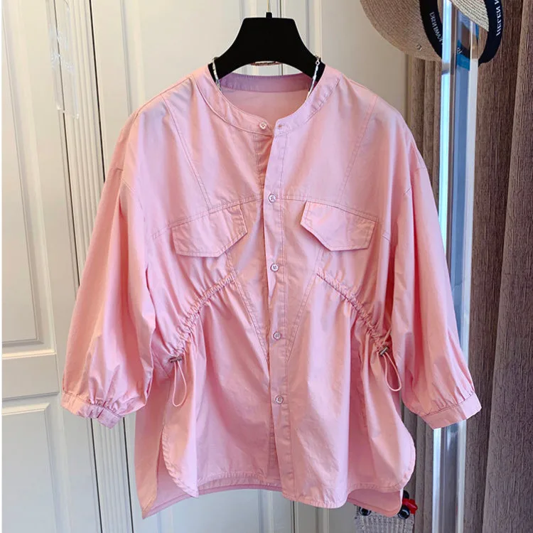 

2021 summer new casual temperament folds drawstring cotton short-sleeved shirt design fashion French top women