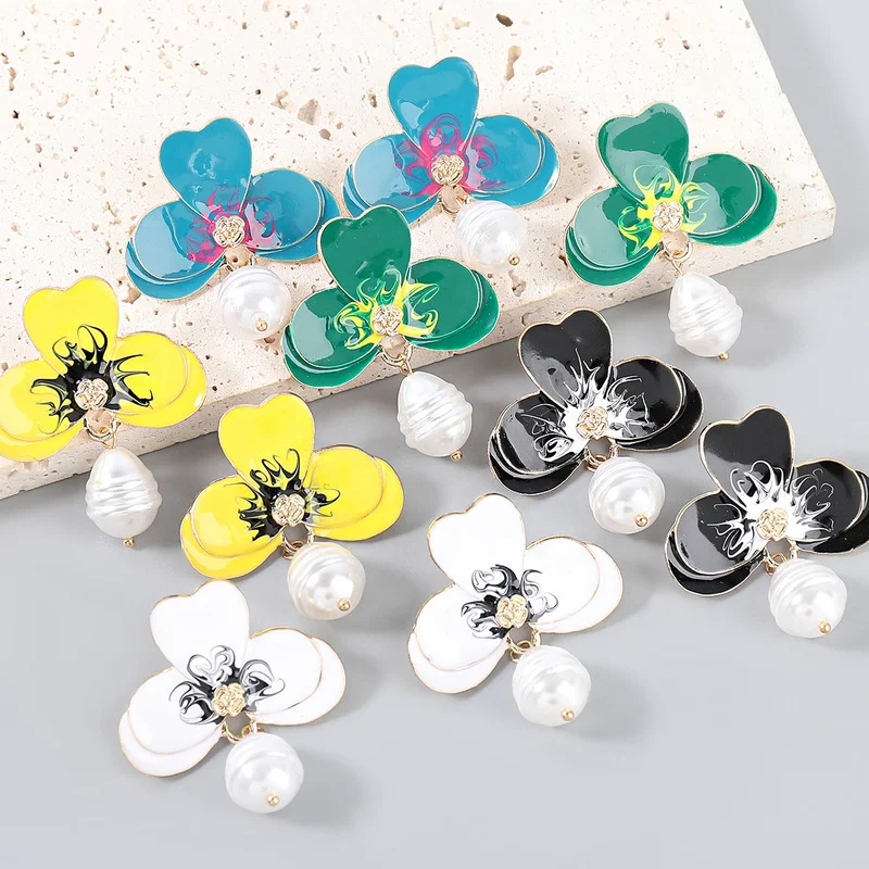 

Minar Vintage Multicolor Enamel Flower Earring for Women Bohemian Imitation Pearl Floral Dangle Drop Earrings Holiday Jewelry