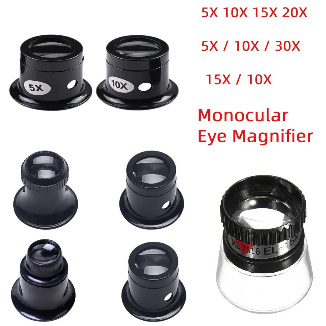 

4pc Monocular Magnifying Glass 5X 10X 15X 20X Portable Loupe Lens Jeweler Watch Magnifier Tool Eye Magnifier Len Repair Kit Tool