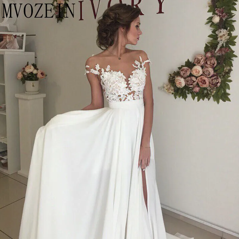Boho White Wedding Dresses Chiffon A-Line Cap Sleeves Lace Bridal Gowns High Split Dress vestido de noiva | Свадьбы и торжества