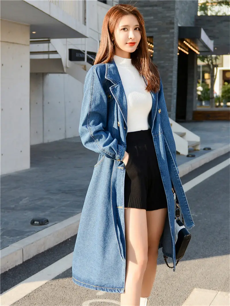 

Retro Denim Windbreaker Jacket Female 2020 Spring and Autumn Clothing Double-breasted Slim Long Coat Women Casual OuterwearK443