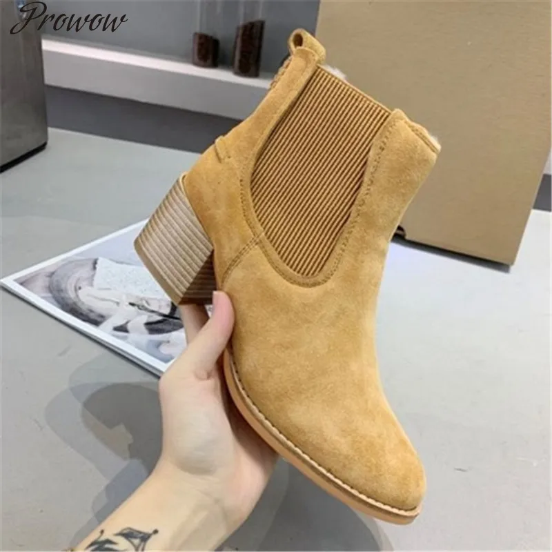 

Prowow Women Ankle Boots Solid Color Suede Plush Warm Comfortable Female Shoe Autumn Winter Middle Heel