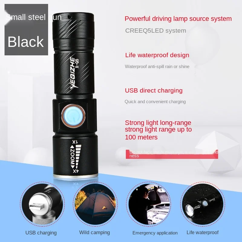 

Mini Small Flashlight Strong Light Super Bright USB Charging Multifunctional Household Outdoor Led Zoom Sidelight Cob Light