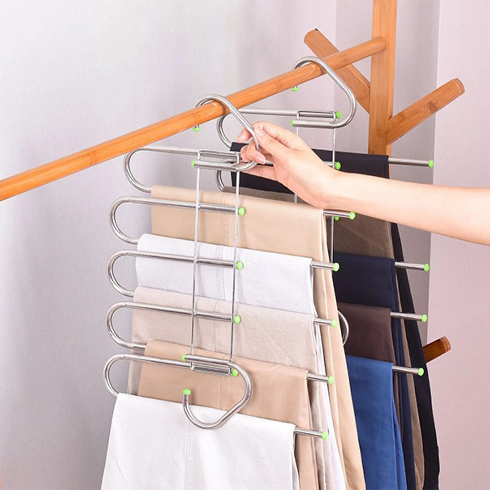 

5 In 1 Non-Slip Pants Hanger Trouser Hanger Space-saving Jeans Holder Pants Shelf Open-Ended Stainless Steel Closet Organizers