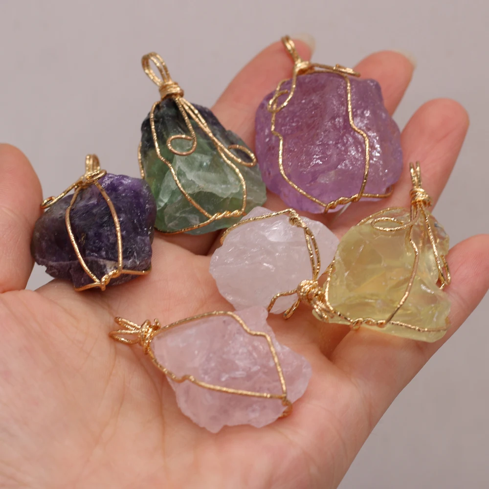

Natural Crystal Stone Pendant Irregural Winding Wire Agates Pendant Charms for Women Making DIY Jewerly Necklace Accessories