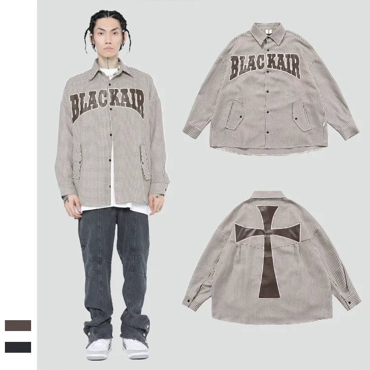 

2021 Fall And Winter High Street Trend Hip Hop Long Sleeve Jacket Cross Embroidered Men's Unisex Plaid Shirt Jacket