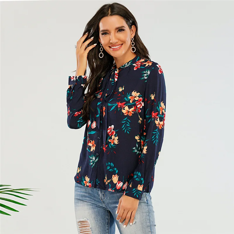 

Vintage Clothes Female Floral Blouses Woman Long Sleeve Tops Bow Neck Daily Wear Casual Flower Shirt for Women