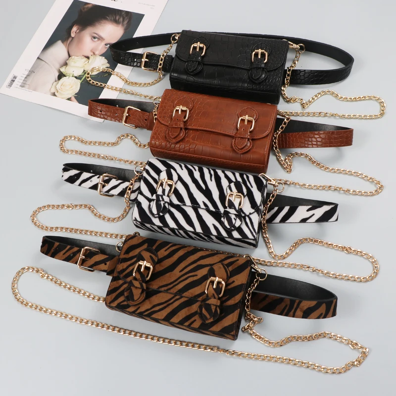 

Hotselling Zebra-stripe Pu Fanny Packs Women Fashion Waist Belt Phone Bag Girls Coin Purse Makeup Pack Long Chain Messenger Bag