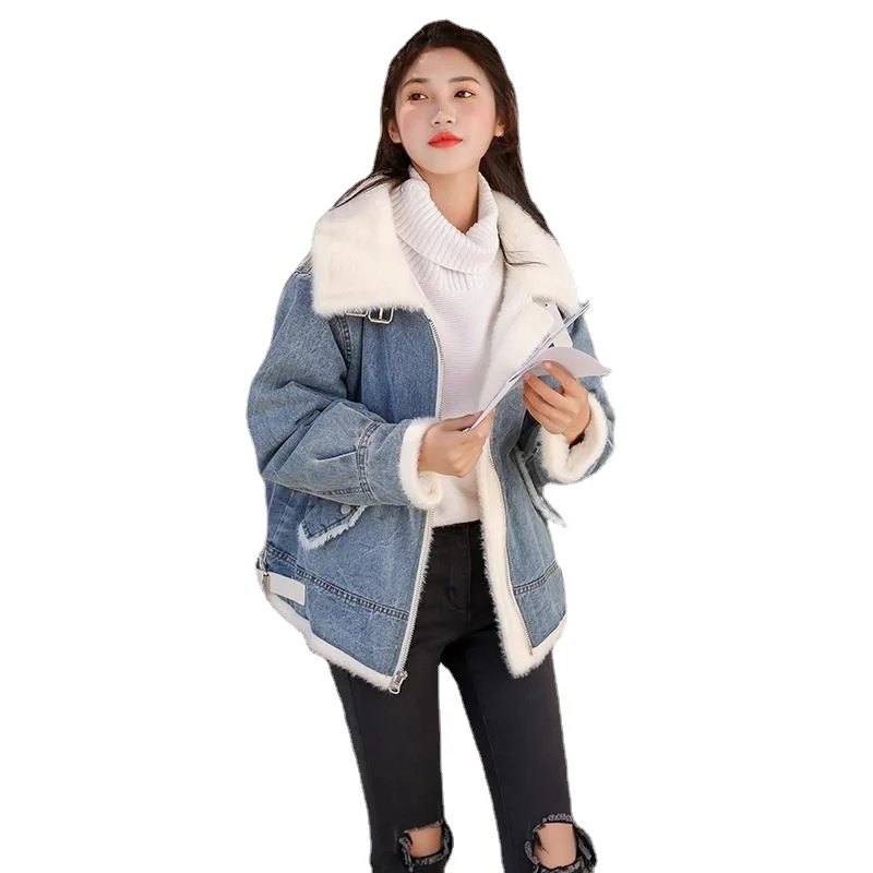 

Корейское зимнее винтажное шерстяное пальто, женское модное бархатное утепленное однотонное милое свободное джинсовое пальто, Chaqueta Vaquera ...