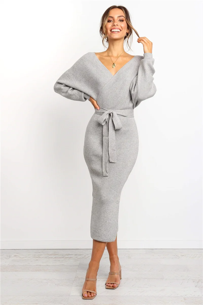 BUENOS 2019 autumn winter new women's sexy V-neck sweater dress female loose long bat sleeves solid knitting midi | Женская одежда