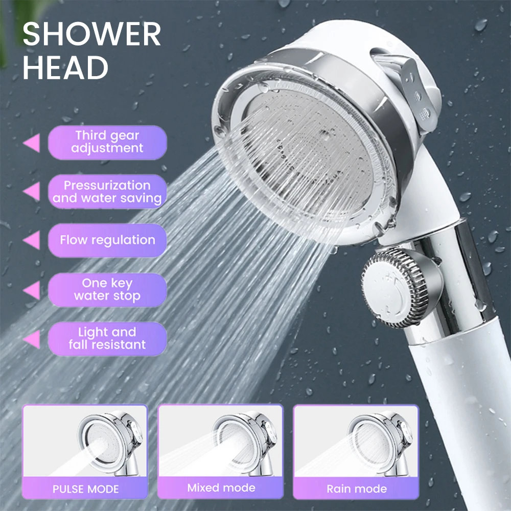 

3Modes Pressurized Handheld Shower Head Universal Bathroom High Pressure Water Saving Perforated Free Bracket Hose Showers Parts